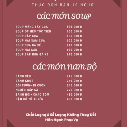 CÁC MÓN SOUP VÀ CÁC MÓN NAM BỘ